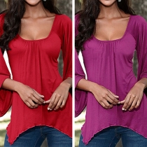 Chic Style 3/4 Trumpet Sleeve Irregular Hem Solid Color T-shirt