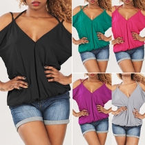 Sexy Deep V-neck Off-shoulder 3/4 Sleeve Solid Color Tops
