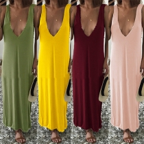 Sexy Backless Deep V-neck Slit Hem Sleeveless Solid Color Maxi Dress