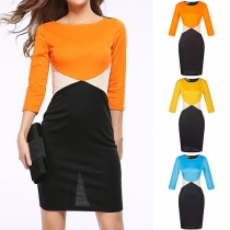 Fashion Contrast Color Long Sleeve Round Neck Pencil Dress