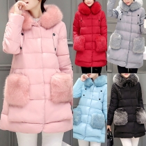 Fashion Solid Color Faux Fur Spliced Hooded Slim Fit Down Coat