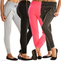Casual Style Solid Color High Waist Zipper Sports Pants