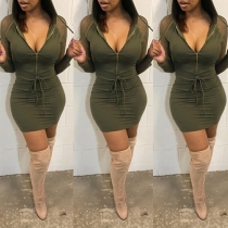 Sexy Gauze Spliced Long Sleeve Hooded Solid Color Tight Dress