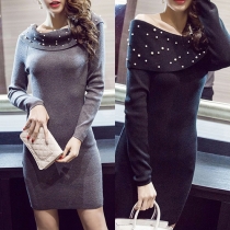 Sexy Beaded Boat Neck Long Sleeve Slim Fit Knit Dress