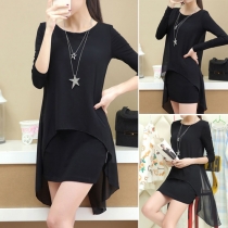Fashion Long Sleeve Round Neck Irregular Hem Mock Two-piece Dress