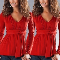 Fashion Solid Color Long Sleeve V-neck Lace Up Slim Fit T-shirt