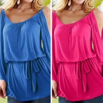 Sexy Off-shoulder Long Sleeve Solid Color Lace-up Tops