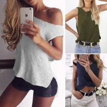 Fashion Sleeveless Round Neck Solid Color High-low Hem Knit Tank Top
