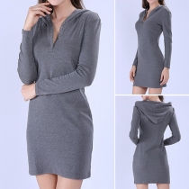 Fashion Solid Color Long Sleeve V-neck Hooded Slim Fit Dress
