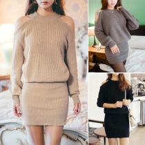 Sexy Off-shoulder Long Sleeve Round Neck Solid Color Knit Dress