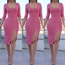 Sexy Slit Hem 3/4 Sleeve Round Neck Solid Color Tight Dress