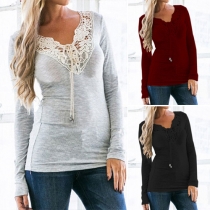 Fashion Lace Spliced Long Sleeve V-neck Slim Fit Tops