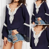 Fashion Casual Lace Spliced Hollow Out V-neck Flare Sleeve Chiffon Tops