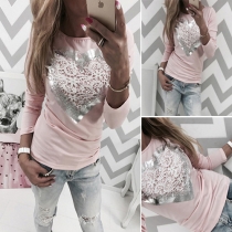 Fashion Love Patterns Round Neck Long Sleeve Tops