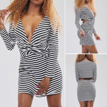 Fashion Sexy Striped Deep V-neck Long Sleeve Sheath Dress