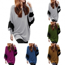 Fashion Casual Color Spliced Round Neck Bat Sleeve Tops