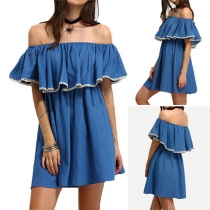 Fashion Sexy Solid Color Off-shoulder Ruffle Dress 