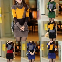 Fashion Color Spliced Long Sleeve Slim Fit Knit Sweater Dress 