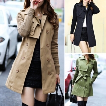 Fashion Solid Color Long Knit Sleeve Double-breasted Lapel Trench Coat