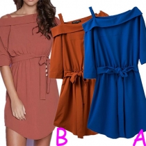Fashion Elegant Solid Color Oblique Shoulder Gathered Waist Dress