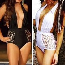 Fashion Sexy Solid Color Hollow Out Deep V-neck One-piece Swimsuit 