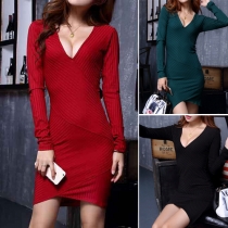 Fashion Sexy Solid Color Deep V-neck Long Sleeve Evening Dress 