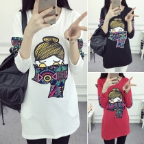 Fashion Ethnic Printed Long Sleeve Round Neck Slim Fit Tops 