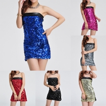 Fashion Sexy Spliced Sequin Strapless Bodycon Dress  