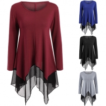 Fashion Casual Solid Color Spliced Irregular Hemline Chiffon Tops 