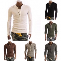 Fashion Solid Color Front Button V-neck Long Sleeve Slim Fit Tops 