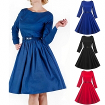 Fashion Elegant Solid Color Long Sleeve Gathered Waist Swing Dress 