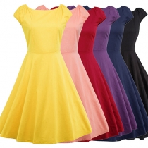 Fashion Delicate Solid Color Short Sleeve Slim Fit Pleated Dress 