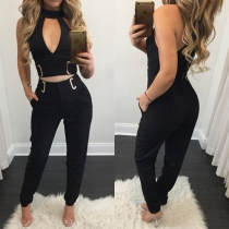 Fashion Solid Color Deep V-neck Sleeveless Choker Tops + Slim Fit Pants Two-piece Set 