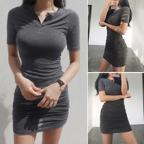 Fashion Solid Color Front Button Short Sleeve Sheath Dress 