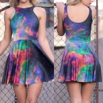 Fashion Digital Milky Way Printed Sleeveless Pleated Dress 