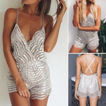 Fashion Sexy Solid Color Sequin Deep V-neck Sling Jumpsuit