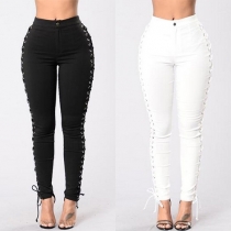 Fashion Unique Side Button Bandage High Waist Slim Fit Pencil Pants 