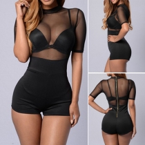 Fashion Sexy Solid Color Gauze Short Sleeve Back Zipper Bodycon Jumpsuit