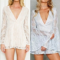 Fashion Sexy Lace Deep V-neck Flare Sleeve Jumpsuit 