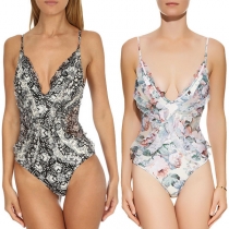 Fashion Sexy Printed Deep V-neck Halter One-piece Bikini Swimsuit