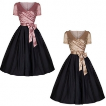 Fashion Elegant Spliced Bowknot Waist Short Sleeve Pleated Swing Dress  
