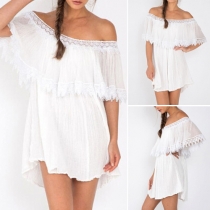 Fashion Sweet Casual Solid Color Ruffle Off-shoulder Chiffon Dress 