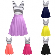 Fashion Elegant Color Spliced Stripe Sleeveless Pleated Swing Dress 