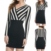Fashion Sexy Striped Deep V-neck Long Sleeve Bodycon Dress 