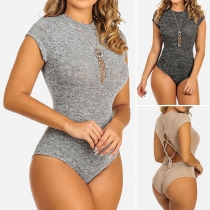 Fashion Sexy Solid Color Back Hollow Out Short Sleeve Bodycon Jumpsuit