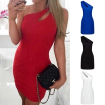 Fashion Sexy Solid Color One Shoulder Sleeveless Sheath Dress 