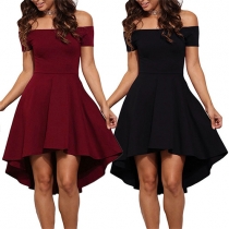 Fashion Elegant Solid Color Off-shoulder High-low Hemline Pleated Dress