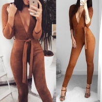Fashion Sexy Solid Color Deep V-neck Waistband 3/4 Sleeve Jumpsuit 