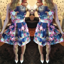 Fashion Sweet Floral Printed Sleeveless Pleated Dress 