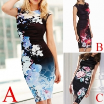 Fashion Elegant Floral Printed Sleeveless Bodycon Dress 